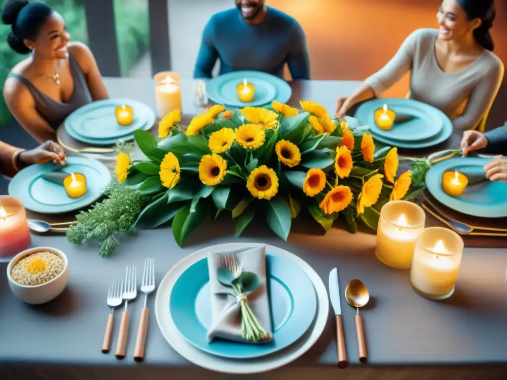 Una mesa elegante llena de platos sin gluten, rodeada de personas sonrientes en animada conversación