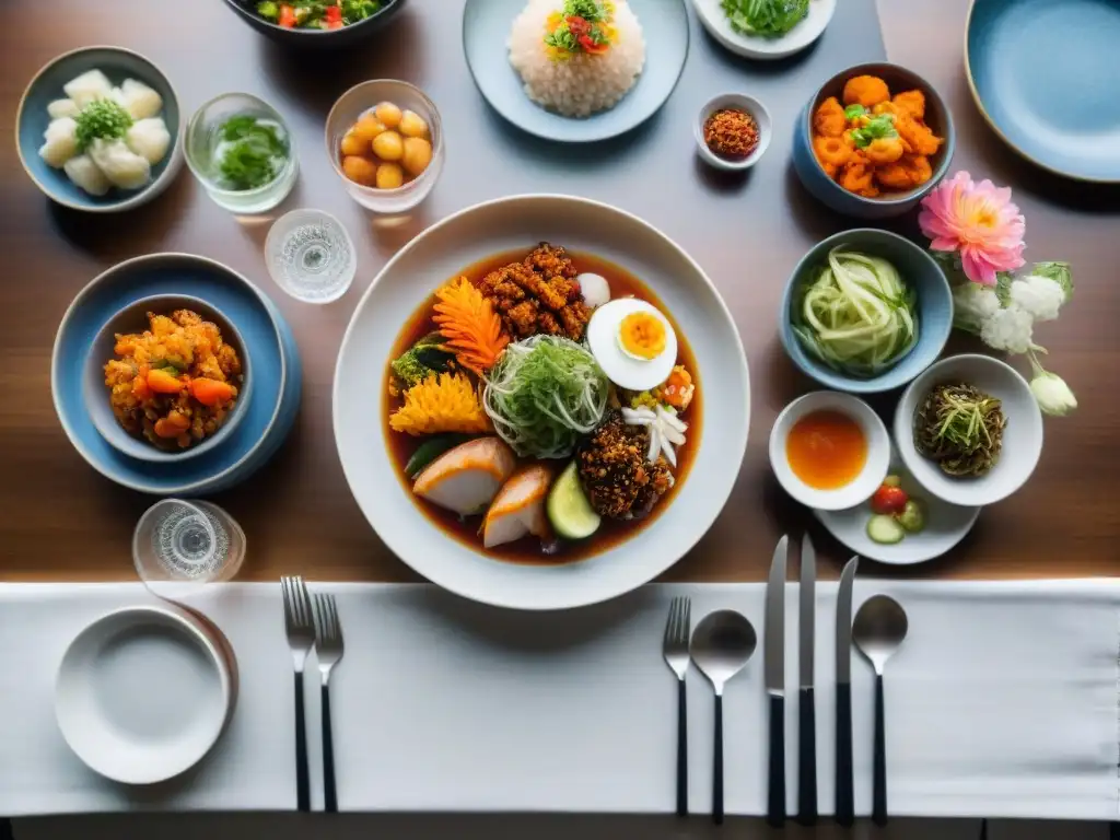 Una mesa elegante con un maridaje perfecto de kimchi sin gluten y variedad de platillos coloridos