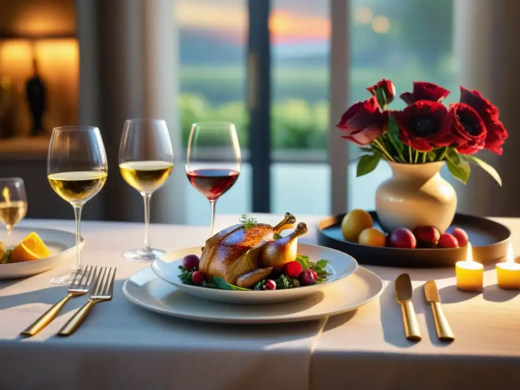 Una mesa elegante con maridaje vinos recetas sin gluten, decorada con flores frescas, velas y cubiertos pulidos