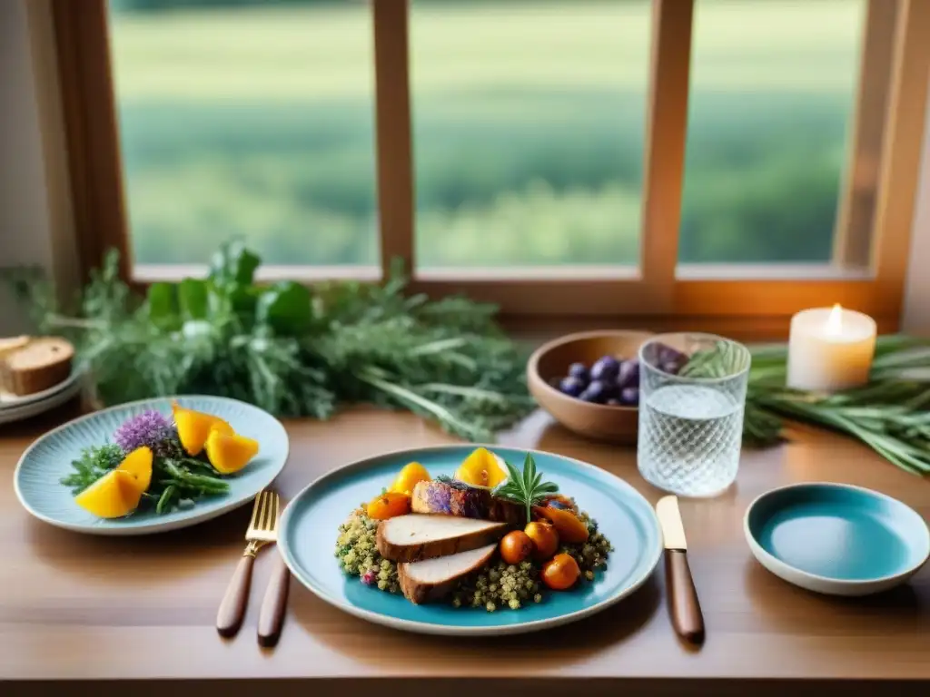 Mesa elegante con menú sin gluten, platos coloridos y decoración floral, ideal para planificación de menús sin gluten