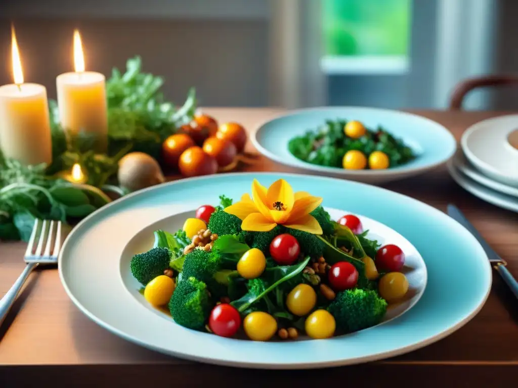 Una mesa elegante con menús sin gluten y carbohidratos, platos coloridos y apetitosos, decoración exquisita y luz cálida