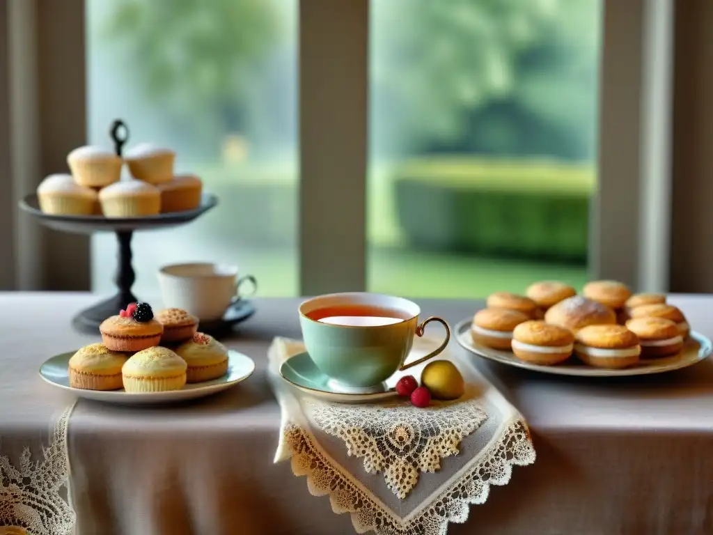 Tarde de té sin gluten: mesa elegante con pastelería, scones y tazas de té en delicado ambiente iluminado