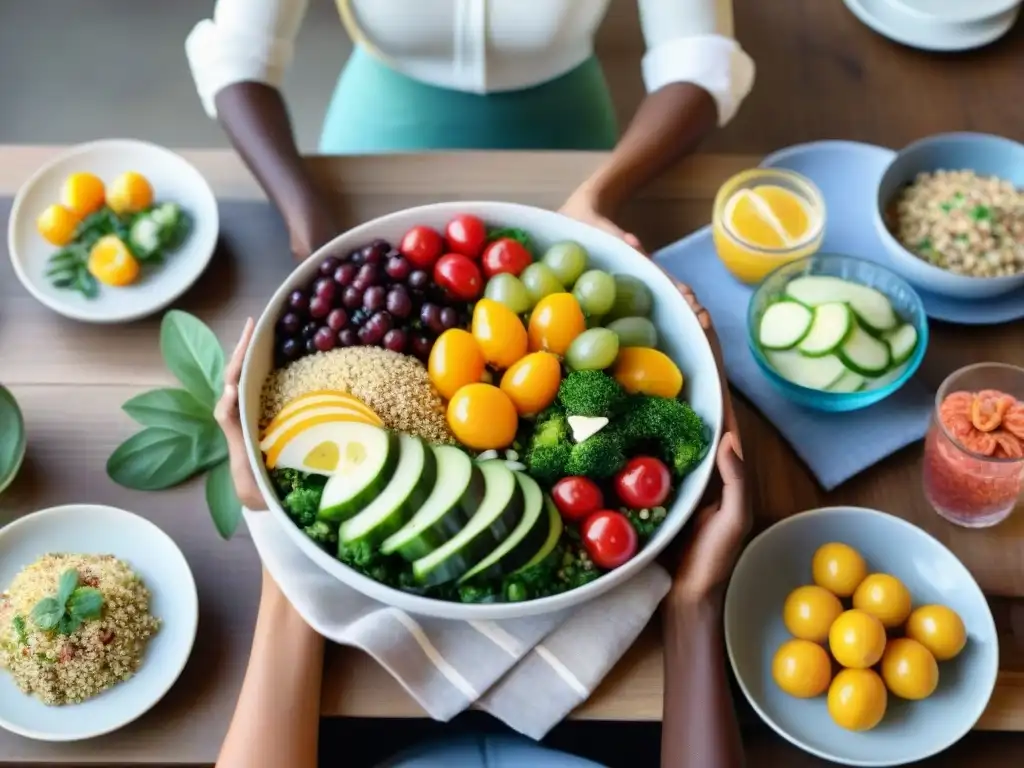 Una mesa elegante con personas felices disfrutando de platos sin gluten, fomentando la dieta sin gluten para intestino