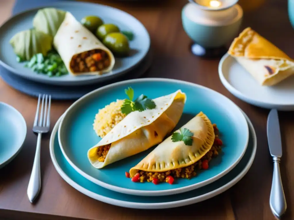 Una mesa elegante con platos fuertes sin gluten innovadores, como arroz con pollo, tamales y empanadas, en un ambiente acogedor y sofisticado