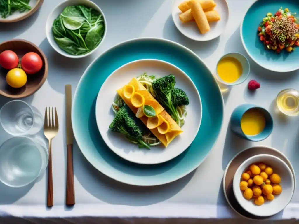 Una mesa elegante con platos fuertes sin gluten innovadores, colores vibrantes y presentación creativa