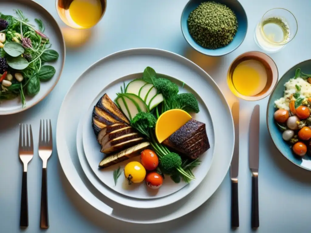 Una mesa elegante con platos fuertes sin gluten innovadores, coloridos y apetitosos, en un ambiente cálido y acogedor