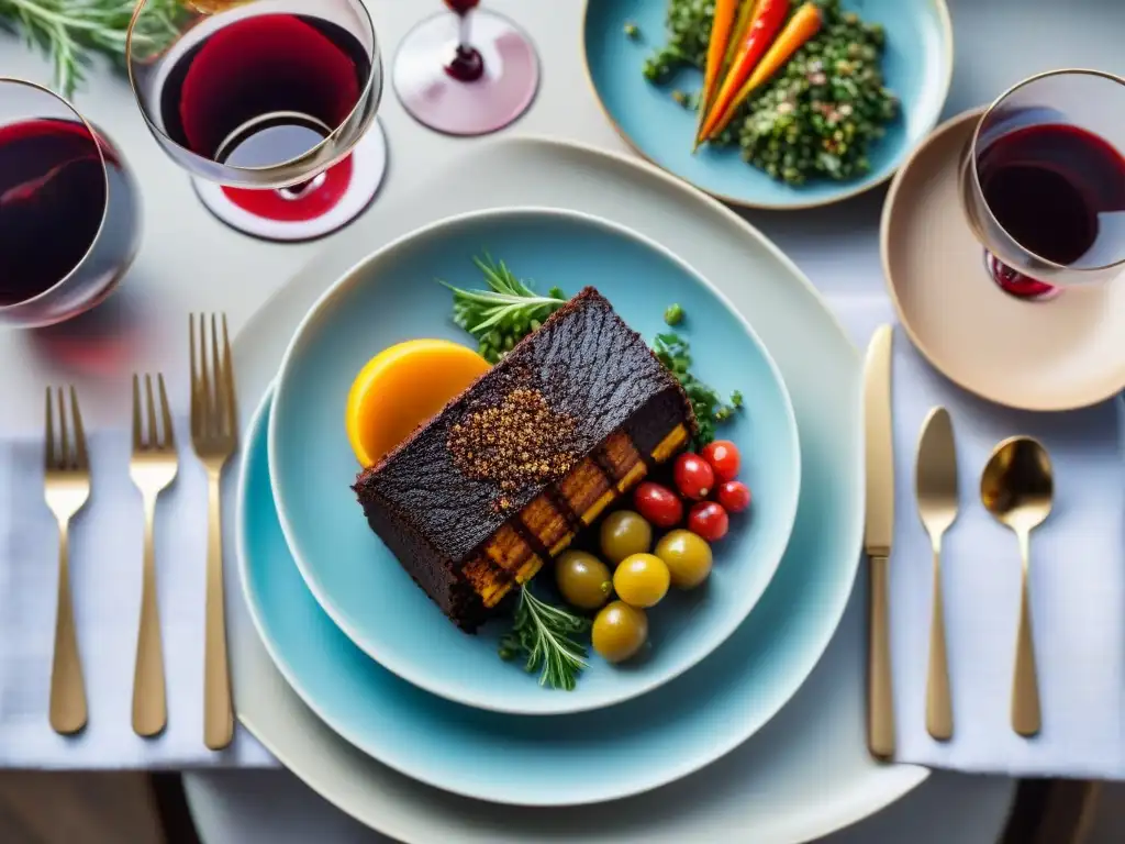 Una mesa elegante con platos sin gluten y vino tinto, rodeada de comida colorida y deliciosa