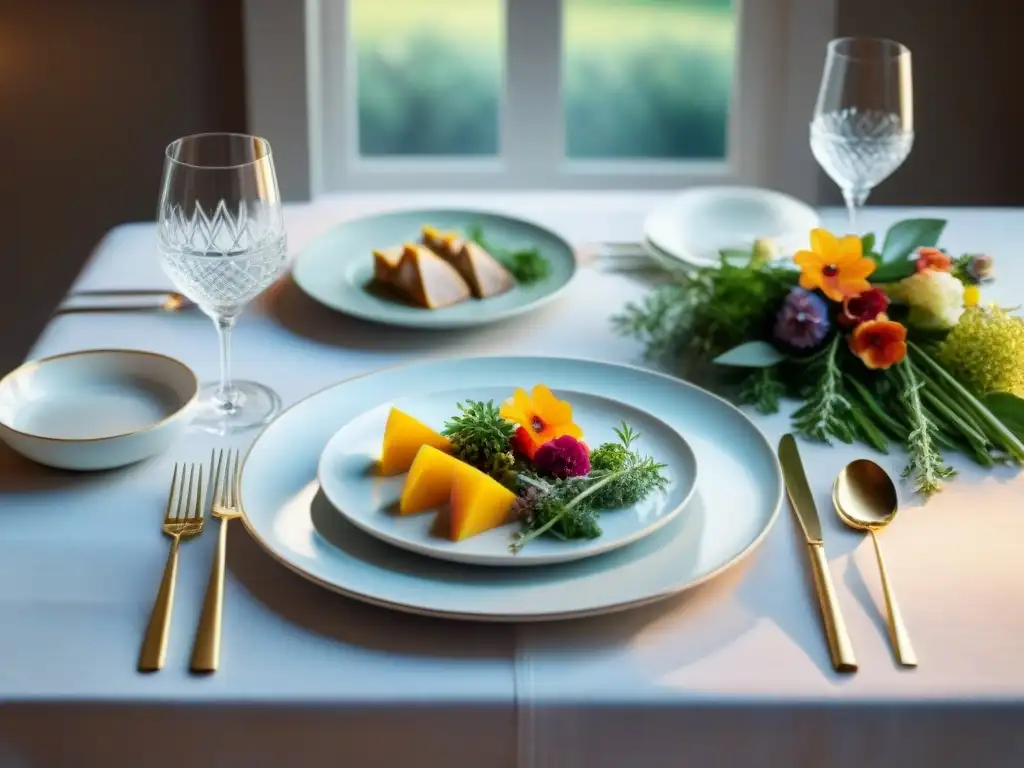 Una mesa elegante con platos sin gluten coloridos y decorados, bañados por la luz del sol