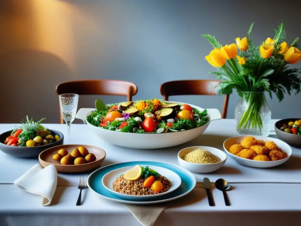 Una mesa elegante con platos sin gluten coloridos y apetitosos, perfecta para comer sin gluten fuera de casa