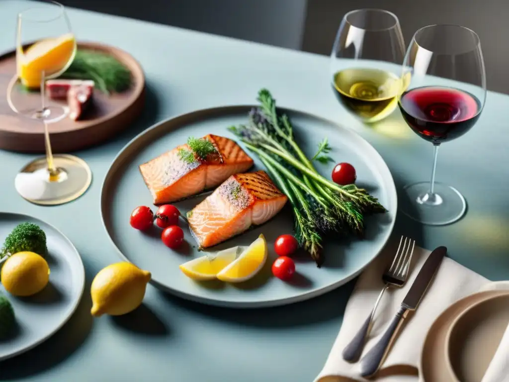 Una mesa elegante con platos sin gluten y vino, bañada en luz natural, exudando sofisticación y calidez