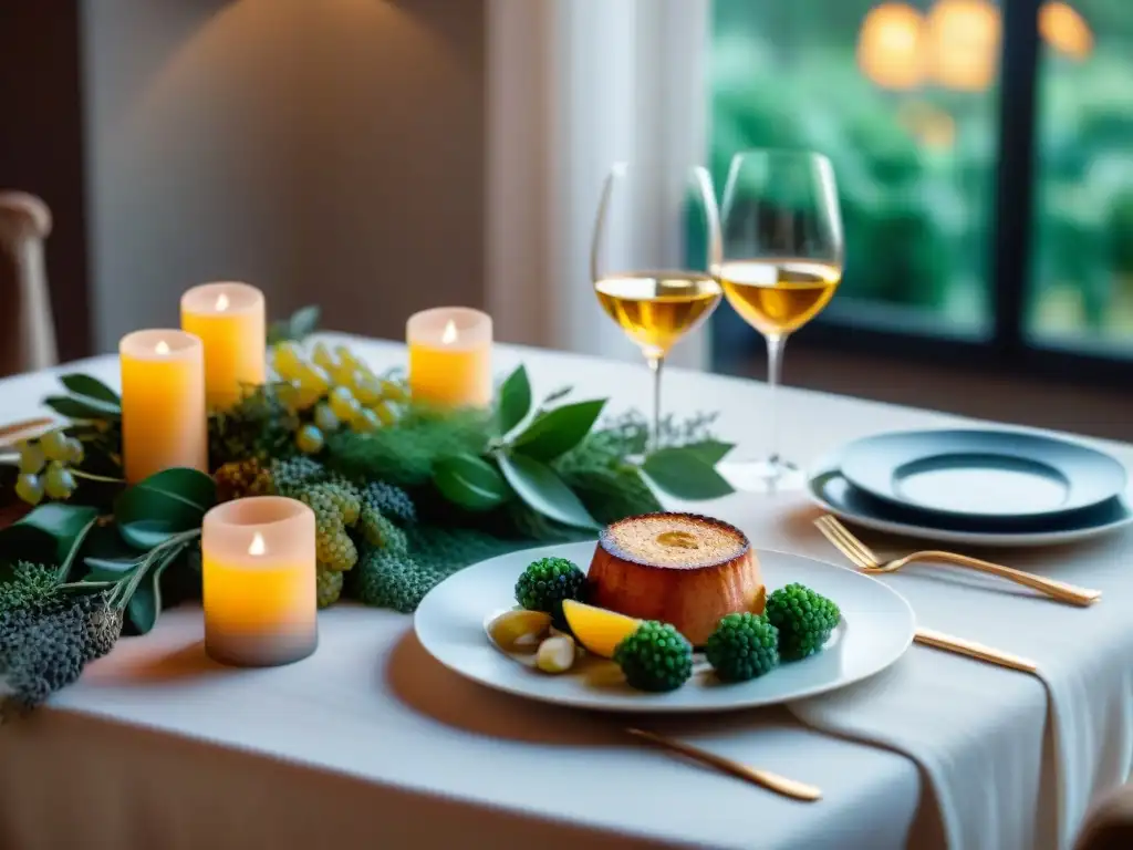 Una mesa elegante con platos sin gluten y vino, perfecta para cenas