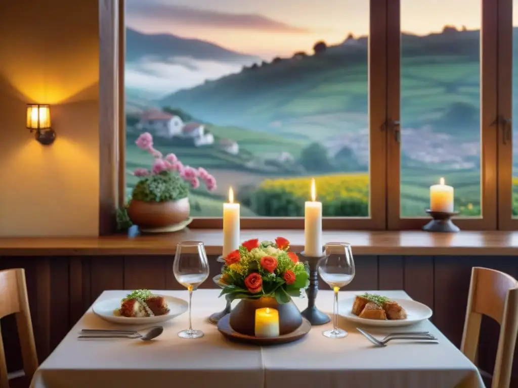 Una mesa elegante con platos tradicionales gallegos en un acogedor restaurante, rodeado de naturaleza