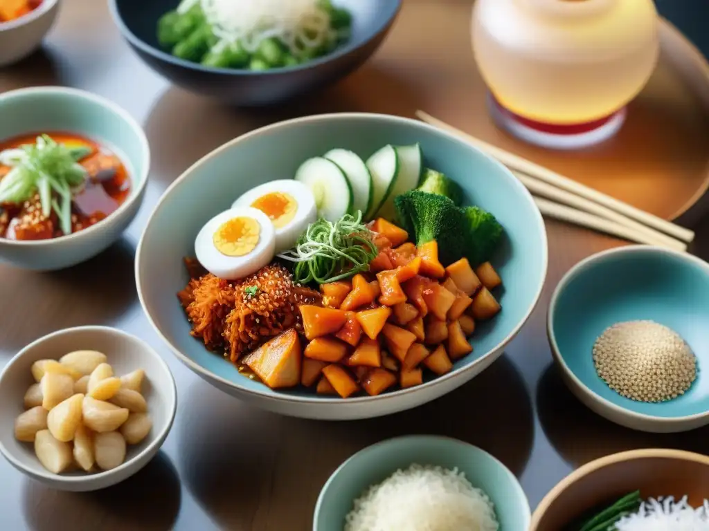 Una mesa elegante con platos y un vibrante kimchi sin gluten