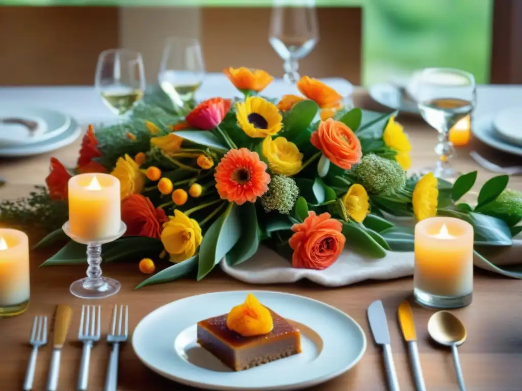 Una mesa elegante con platos vibrantes hechos con edulcorantes naturales sin gluten, creando un ambiente acogedor y alegre