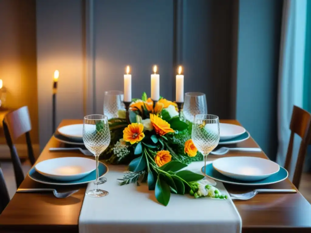 Una mesa elegante preparada para una cena, con deliciosos platillos sin gluten y una atmósfera acogedora