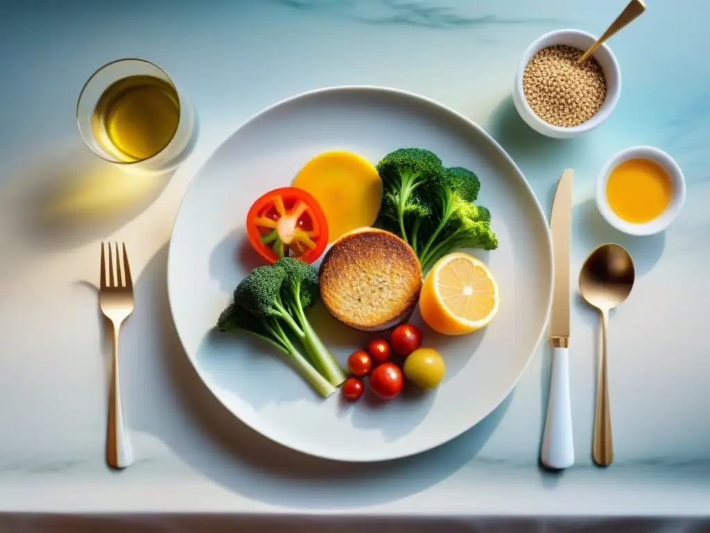 Una mesa elegante preparada para una comida sin gluten baja en carbohidratos, con platos coloridos y nutritivos