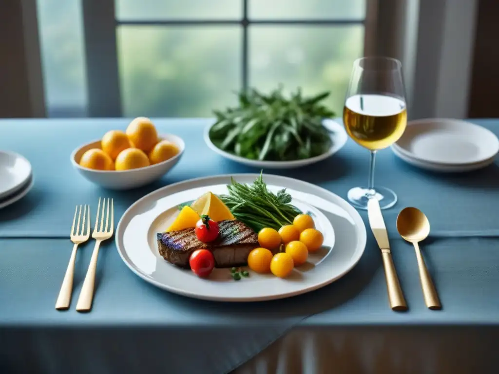 Una mesa elegante preparada para una comida gourmet sin gluten con sabor, con ingredientes vibrantes y una atmósfera lujosa