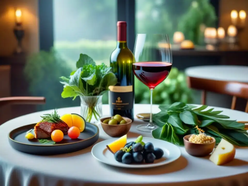 Una mesa elegante con recetas sin gluten innovadoras saludables, vinos exquisitos y ambiente sofisticado