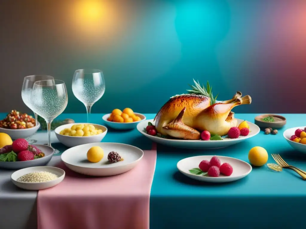 Festín glutenfree para Fin de Año: mesa elegante y deliciosa Una mesa elegante con recetas sin gluten para Año Nuevo, decorada festivamente con luces brillantes y confeti