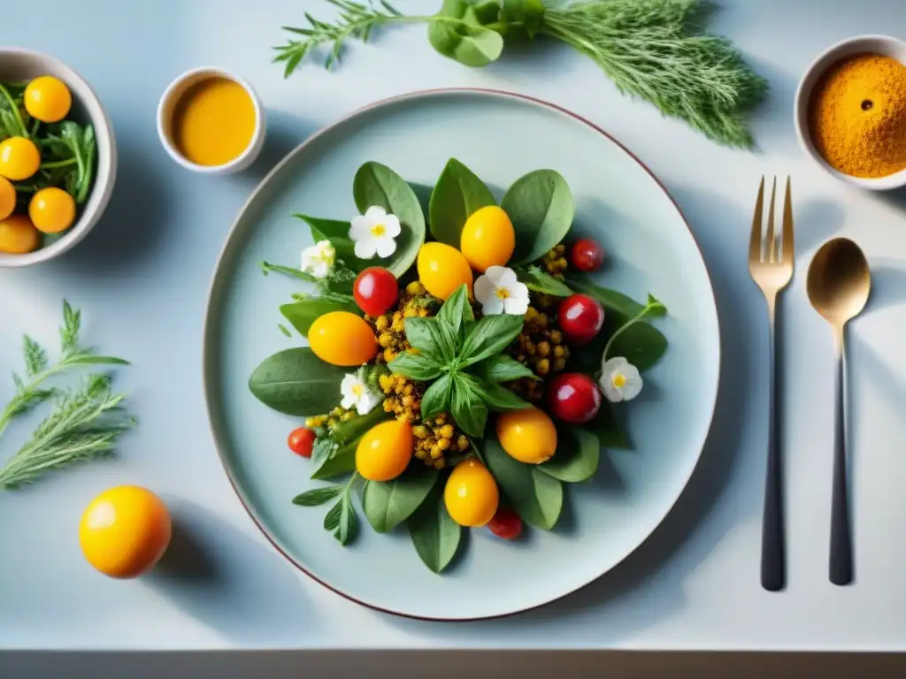 Una mesa elegante con recetas sin gluten innovadoras y saludables, platos coloridos y sabrosos rodeados de hierbas frescas y frutas exóticas