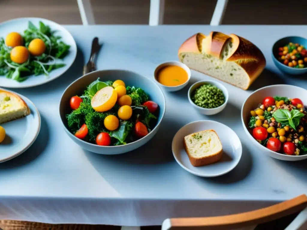 Una mesa elegante con recetas sin gluten innovadoras: coloridas ensaladas, pan recién horneado, postres decadentes y una olla de sopa humeante