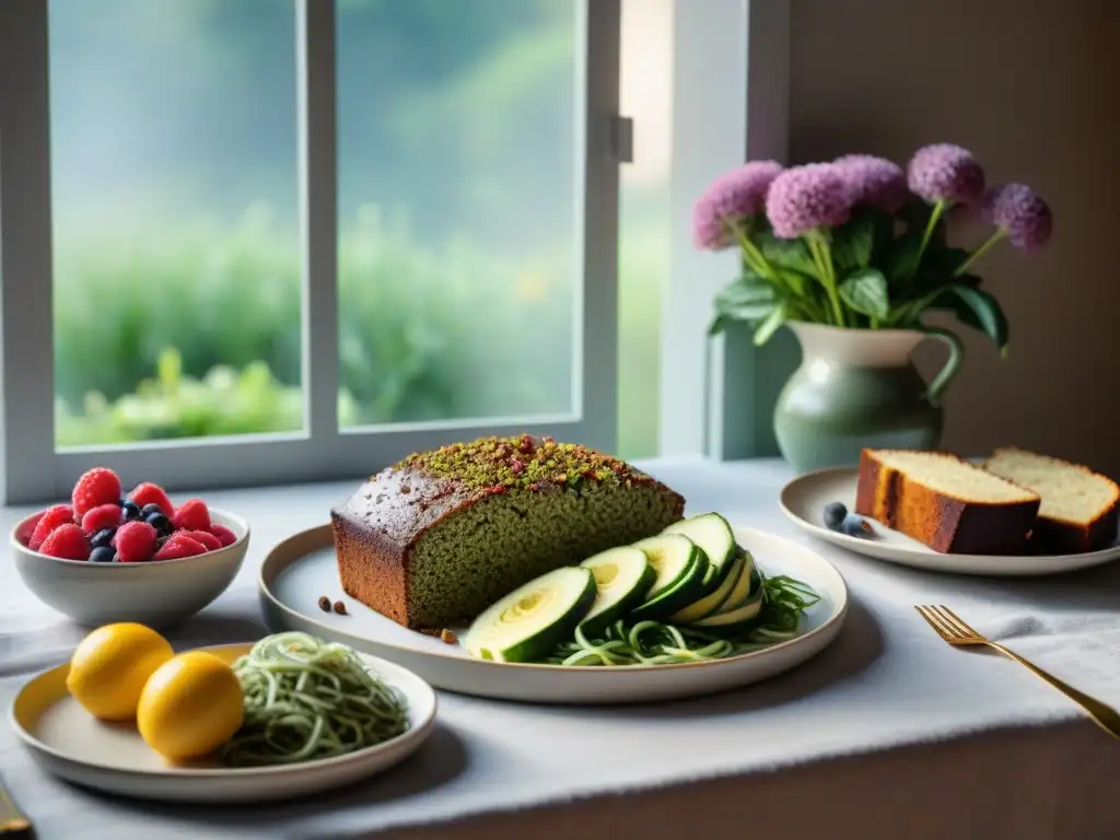 Una mesa elegante con recetas sin gluten innovadoras y coloridas, bañadas por la luz natural