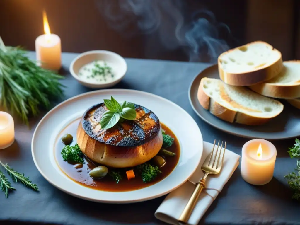 Una mesa elegante con recetas sin gluten cocción lenta, platos exquisitos, hierbas frescas y luz de velas