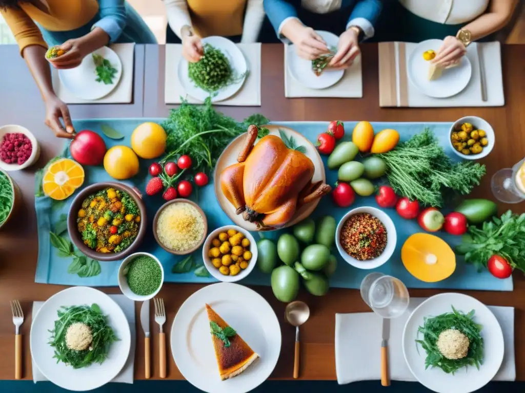 Una mesa elegante con recetas veganas sin gluten minimalistas, rodeada de personas diversas y acogedoras