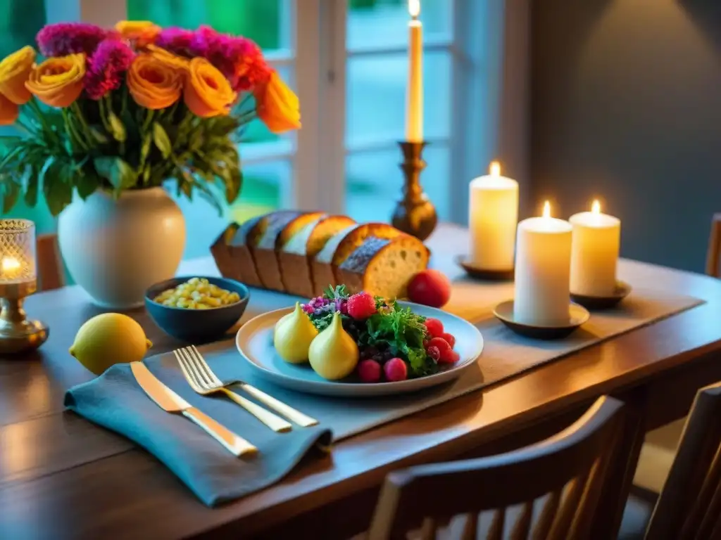 Una mesa elegante con variados platillos sin gluten y decoración acogedora