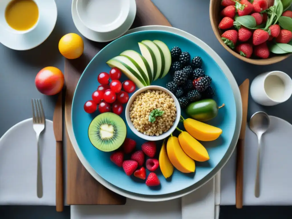 Una mesa elegante con una variedad de alimentos frescos y coloridos, ideal para una dieta FODMAP baja en gluten