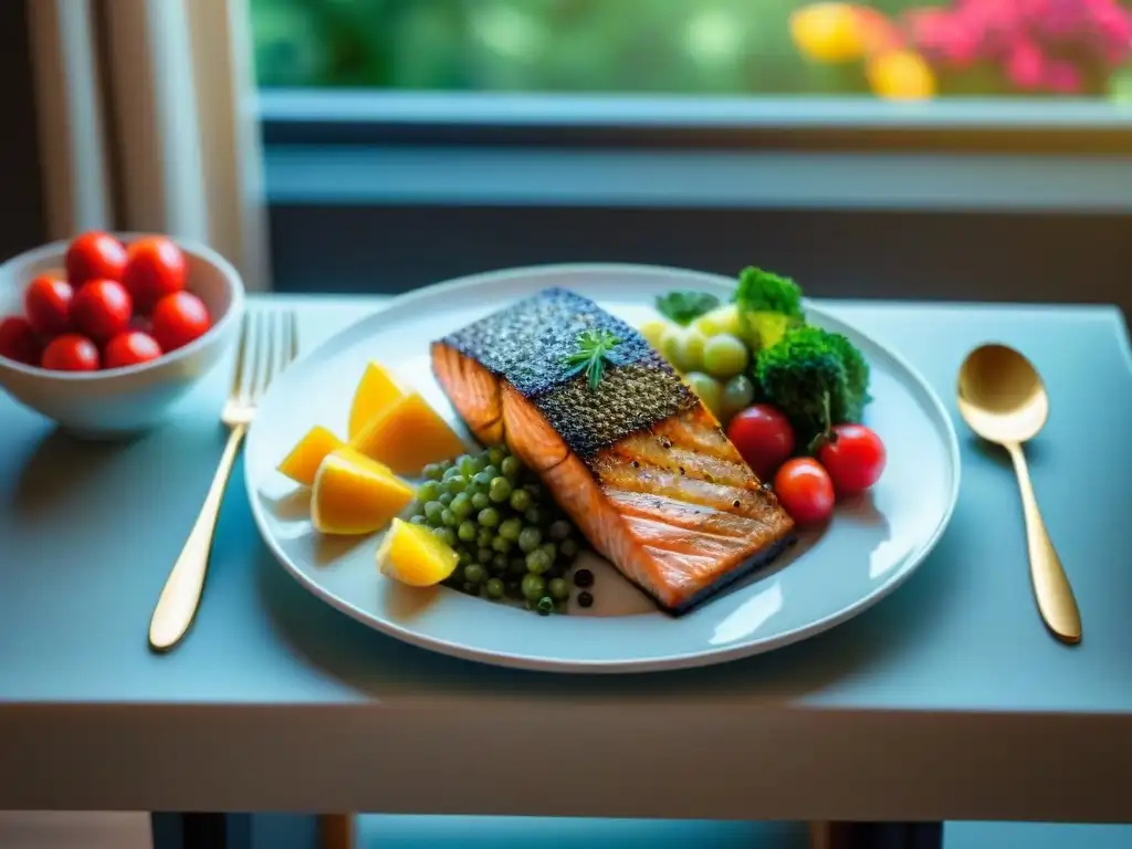 Una mesa elegante con una variedad de alimentos frescos y coloridos, resaltando la diversidad y delicias de una dieta sin gluten variada