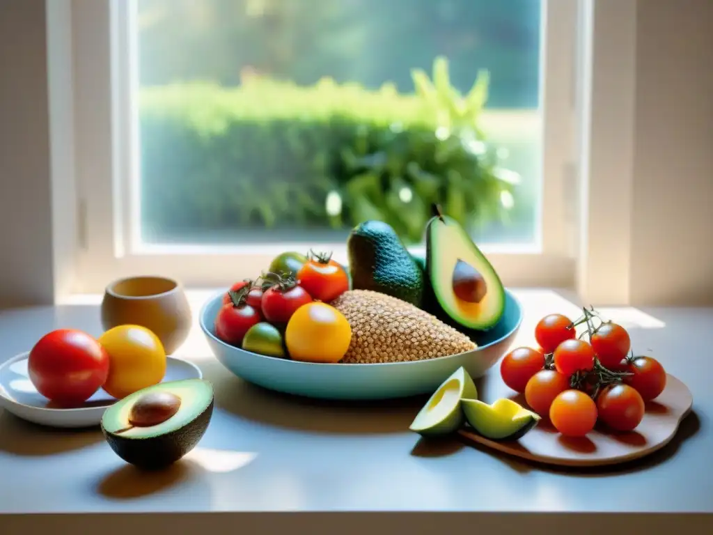 Una mesa elegante con variedad de frutas, verduras frescas y granos sin gluten