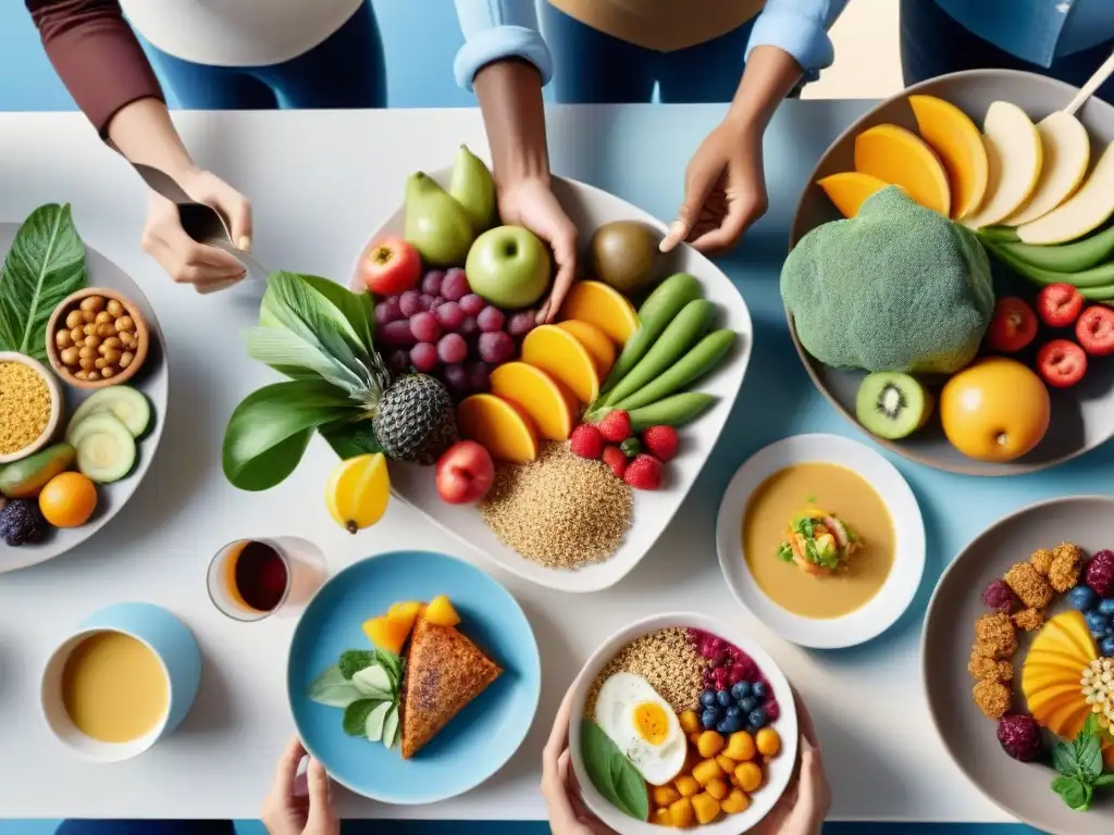 Una mesa elegante con variedad de platillos sin gluten, personas felices disfrutando una comida equilibrada