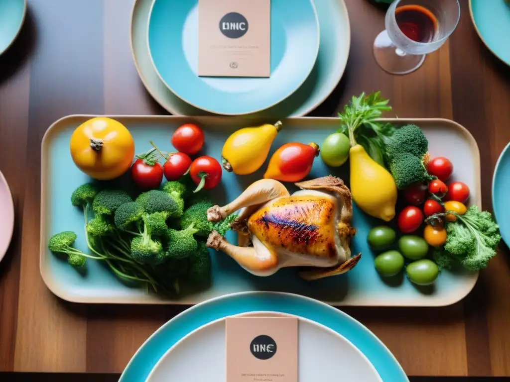 Una mesa elegante con variedad de platillos sin gluten: ensalada de quinua, verduras a la parrilla, pollo asado y frutas frescas