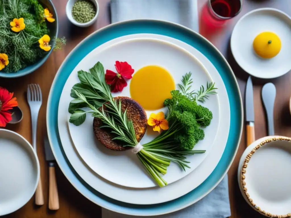 Una mesa elegante con una variedad de platos tradicionales e innovadores sin gluten, decorada con hierbas frescas y flores coloridas