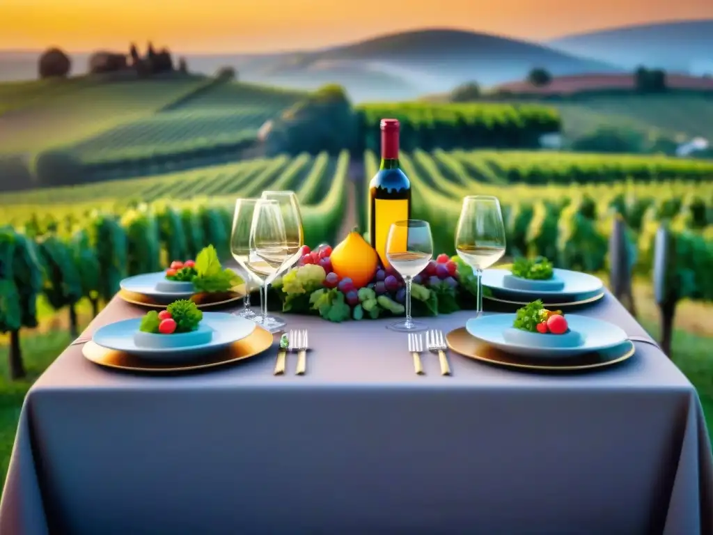 Exquisita mesa en viñedo al atardecer: maridaje glutenfree y vinos Una mesa elegante en un viñedo al atardecer, con maridaje sin gluten y alcohol