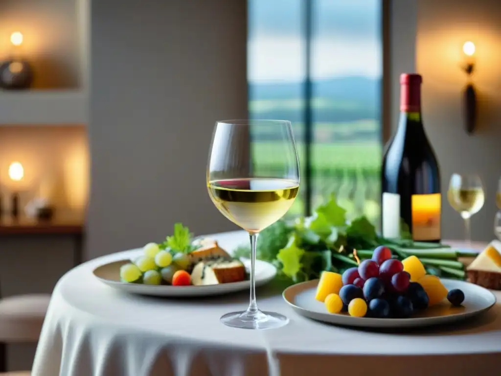 Una mesa elegante con vino blanco y platillos sin gluten, creando exquisitas combinaciones vino comida sin gluten