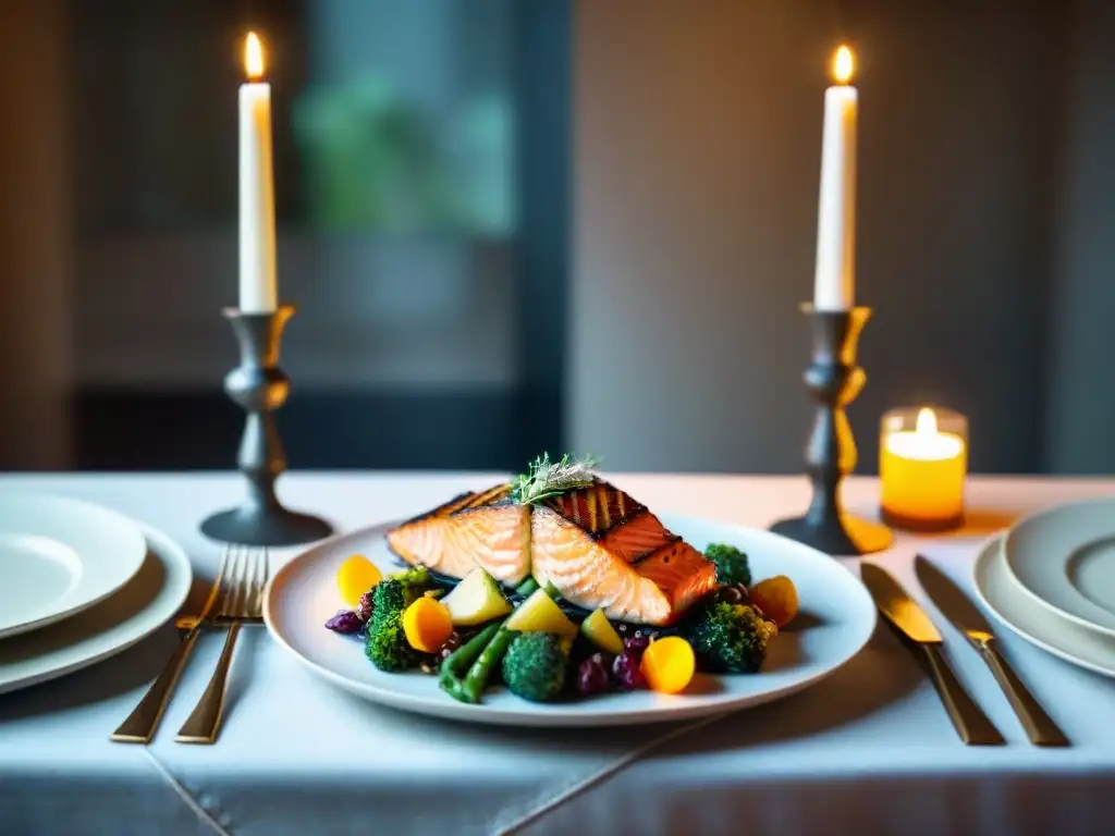 Una mesa elegante con vino sin gluten para cenas, platos gourmet y ambiente acogedor