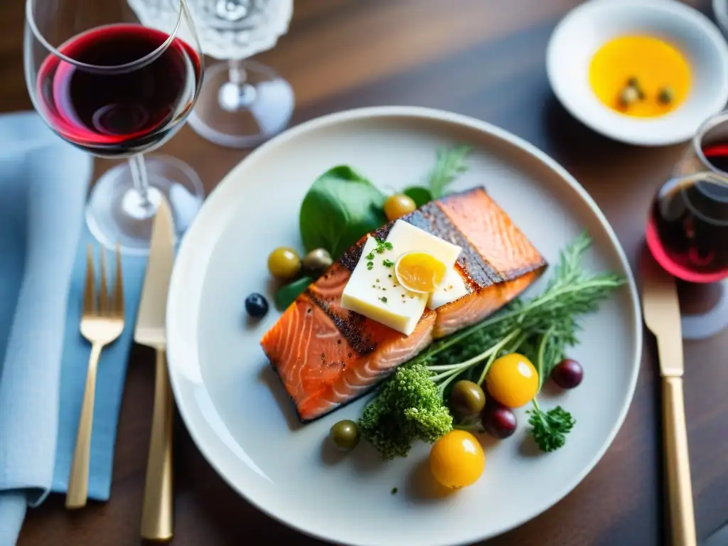 Una mesa elegante con vino sin gluten para recetas, deliciosa comida y luz cálida