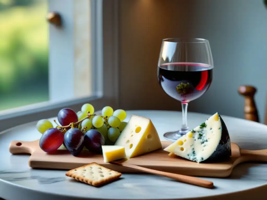 Una mesa elegante con vino tinto, quesos artesanales, uvas frescas, miel y crackers sin gluten