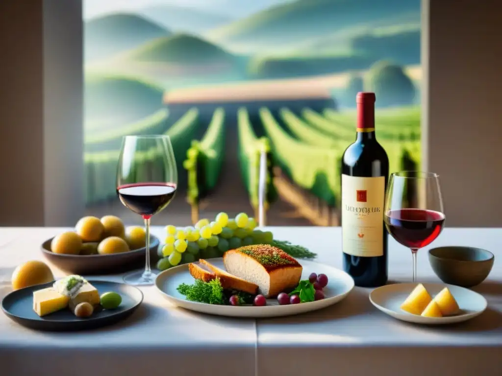 Una mesa elegante con vinos sin gluten para menú, platos exquisitos y luz natural suave