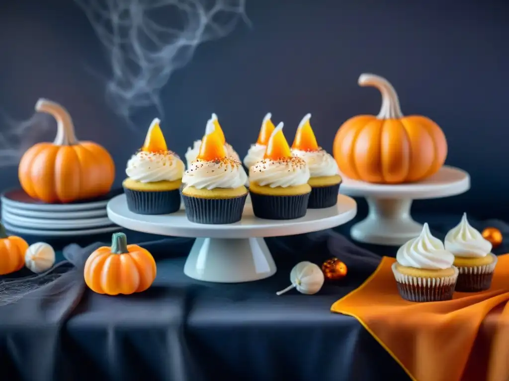 Una mesa de Halloween espeluznante con dulces sin gluten: galletas de merengue en forma de fantasma, cupcakes de calabaza y manzanas de caramelo