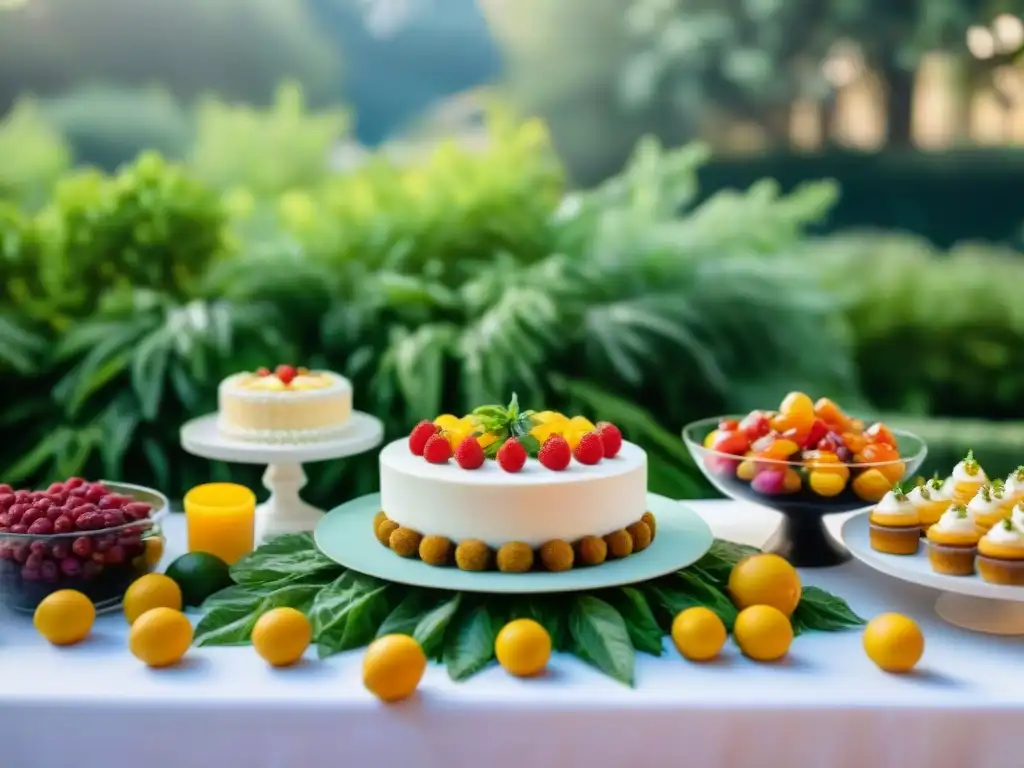 Una mesa de evento bellamente decorada con deliciosos platillos sin gluten, en un jardín acogedor