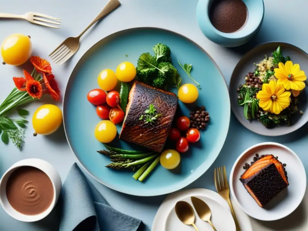 Una mesa exquisita con cenas rápidas sin gluten innovadoras, decoración elegante y luz ambiental suave