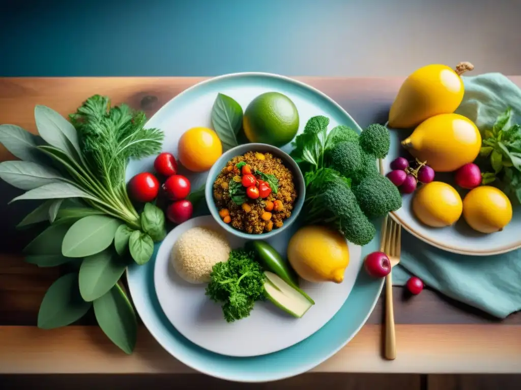 Una mesa exquisita con platos veganos sin gluten, decorada con hierbas frescas y frutas