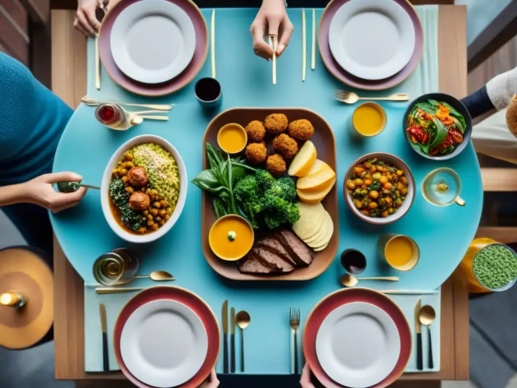 Una mesa familiar con exquisitas opciones sin gluten, colores vibrantes y risas