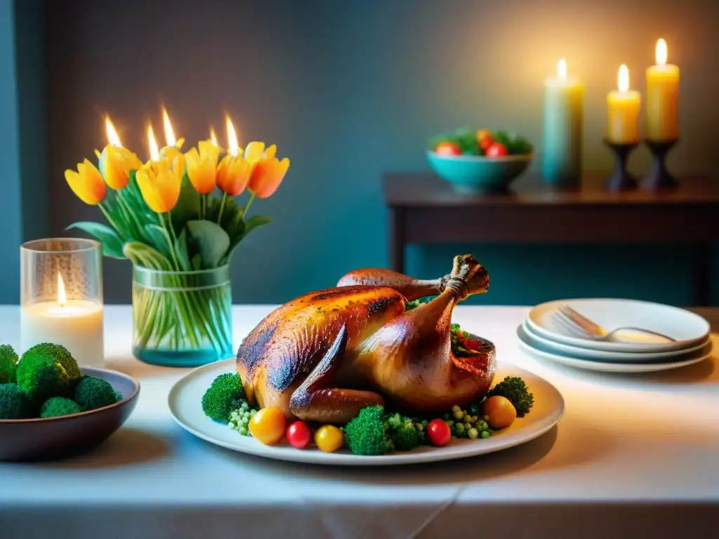 Una mesa familiar sin gluten con exquisitas recetas: quinoa, pollo, verduras y pastel de chocolate, iluminada por velas y amor