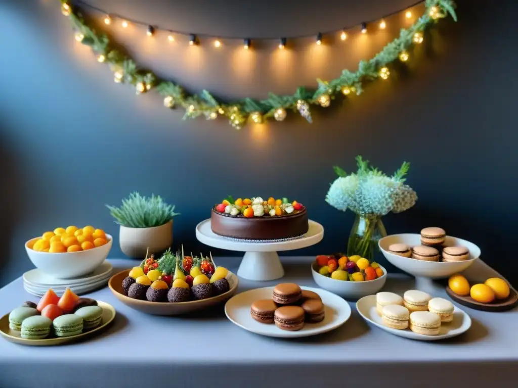 Exquisito buffet de Año Nuevo sin gluten en ambiente festivo Una mesa festiva de Año Nuevo, con deliciosas recetas sin gluten y comensales elegantes