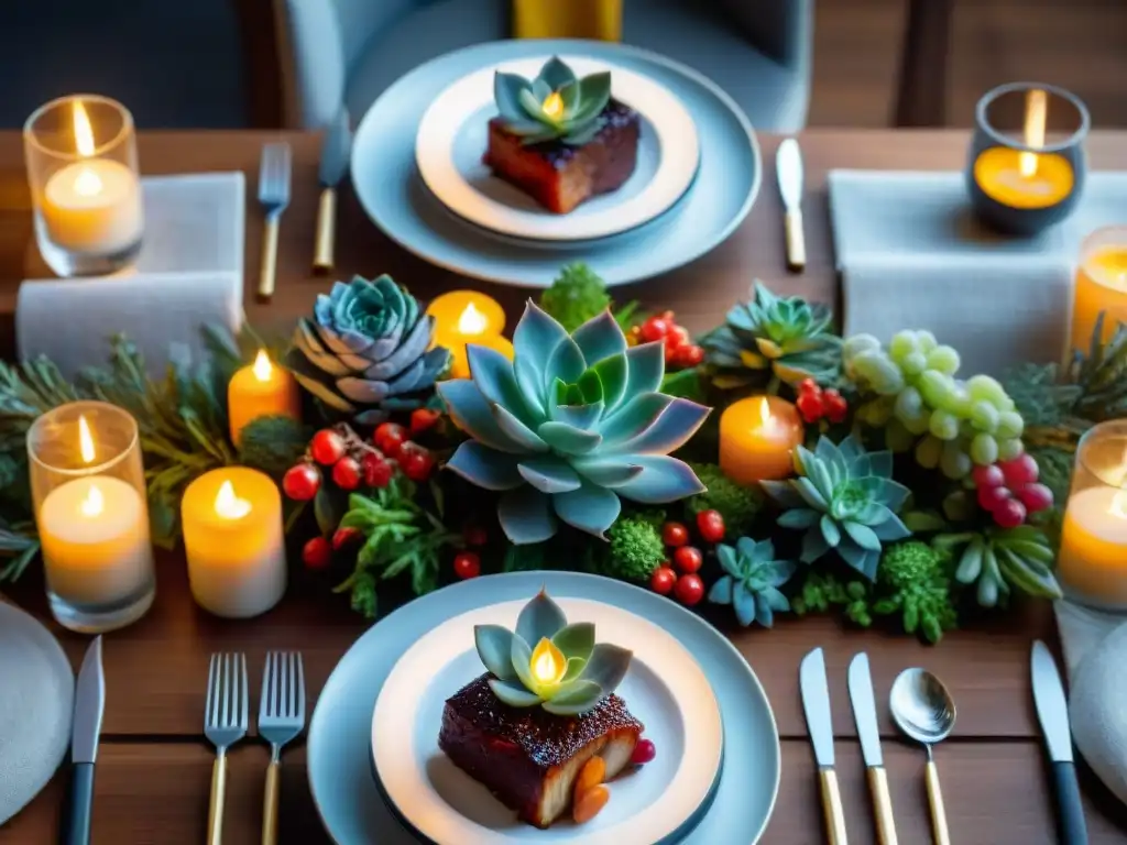 Una mesa festiva bellamente decorada con recetas de cocción lenta festivas sin gluten, creando un ambiente cálido y acogedor