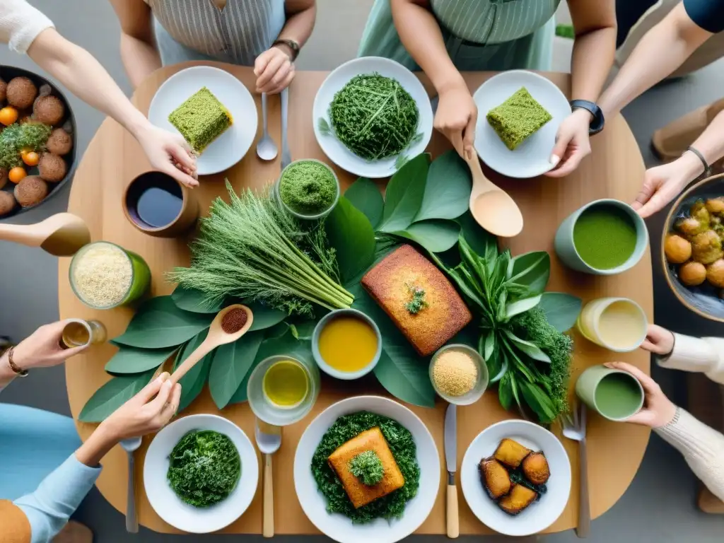 Una mesa festiva con deliciosos platillos sin gluten, rodeada de personas diversas y felices compartiendo una comida sostenible